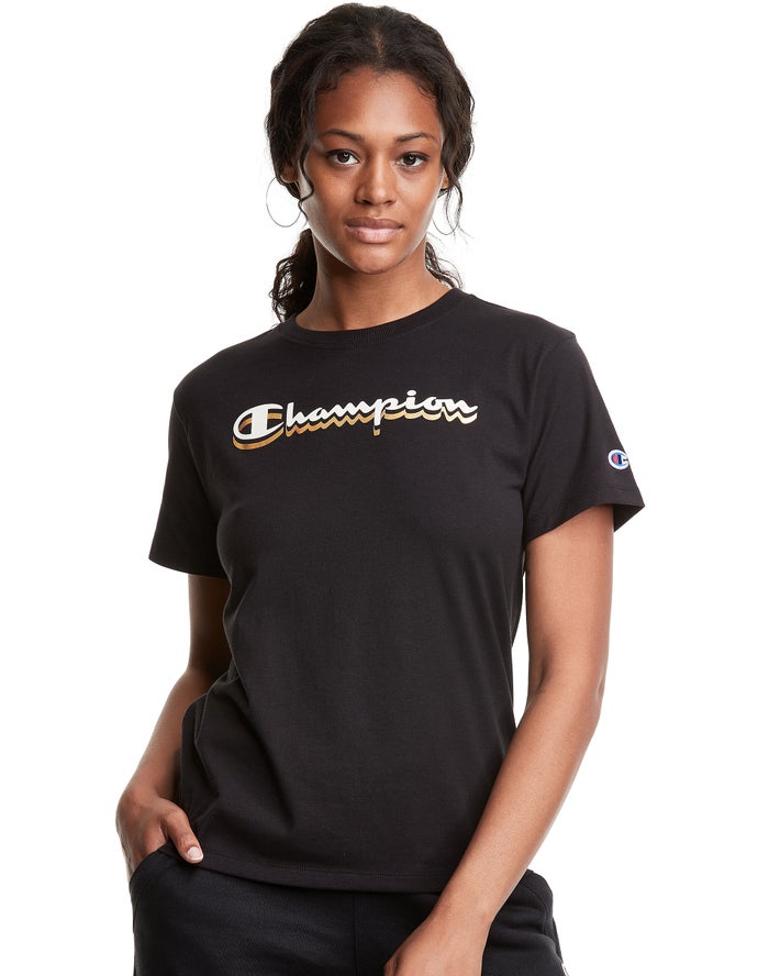 Champion Classic Drop Shadow Foil Script Logo - Naisten Mustat T-Paita - Suomi 3198620-GA